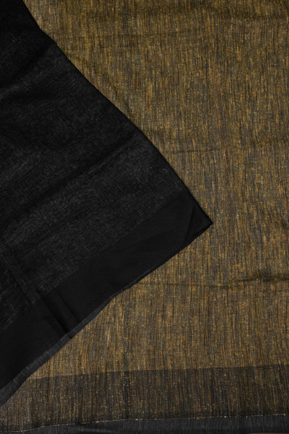 Half & Half Pure Linen Saree with Jute Pallu & Tassles - Black & Grey