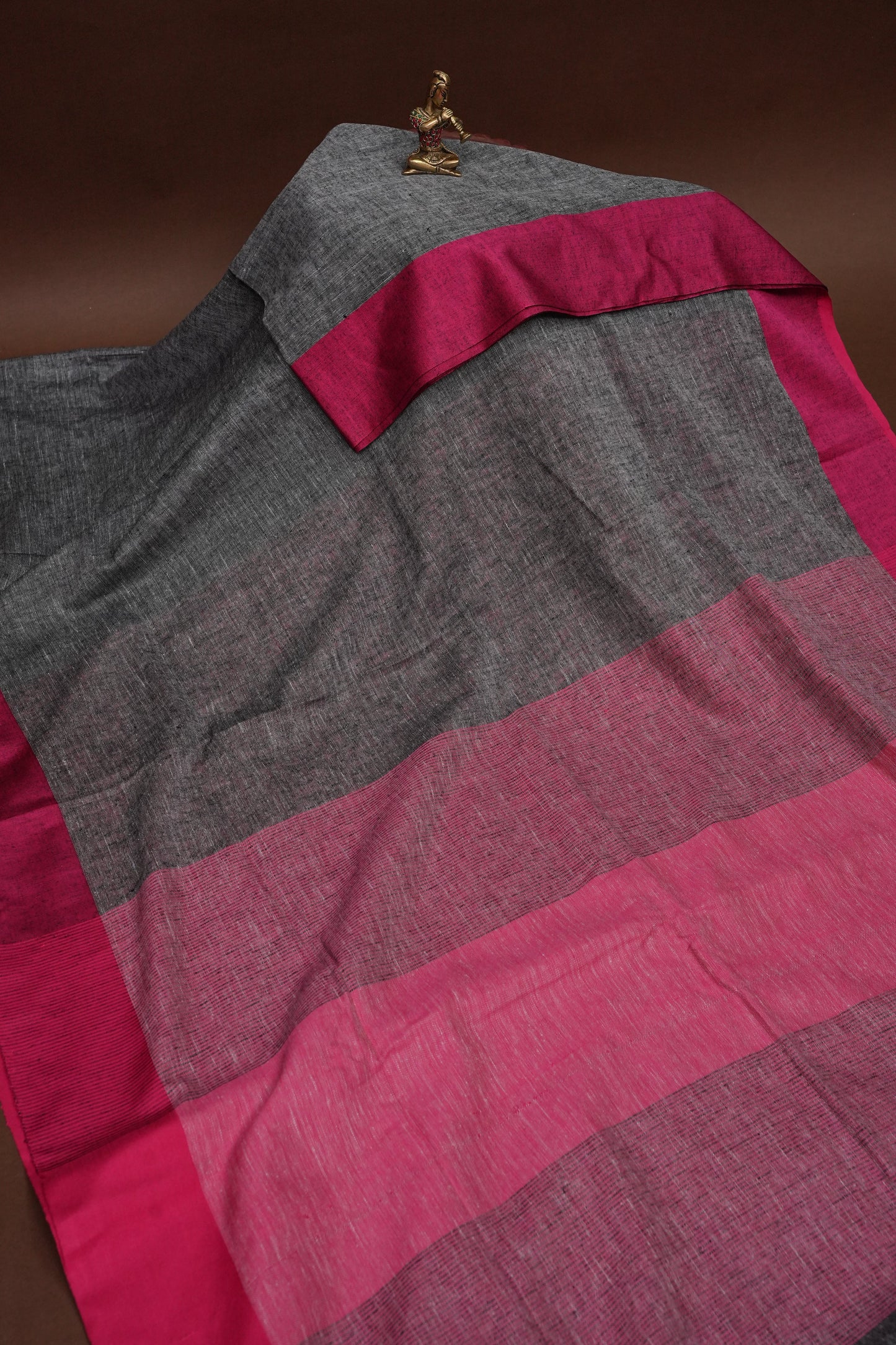 Pure Linen Saree with Tassles - Grey & Pink