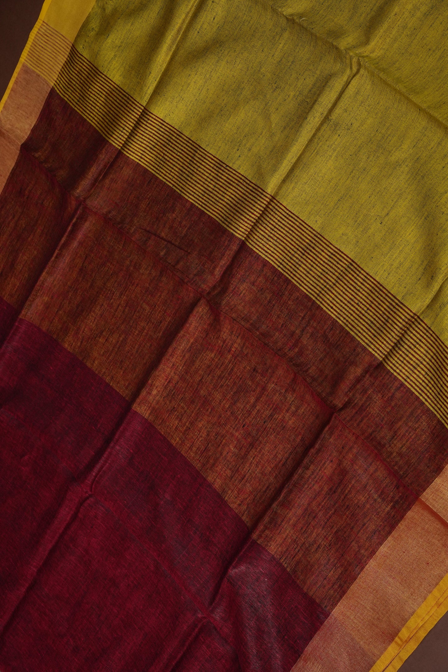 Pure Linen Saree with Tassles - Maroon & Mustard Yellow