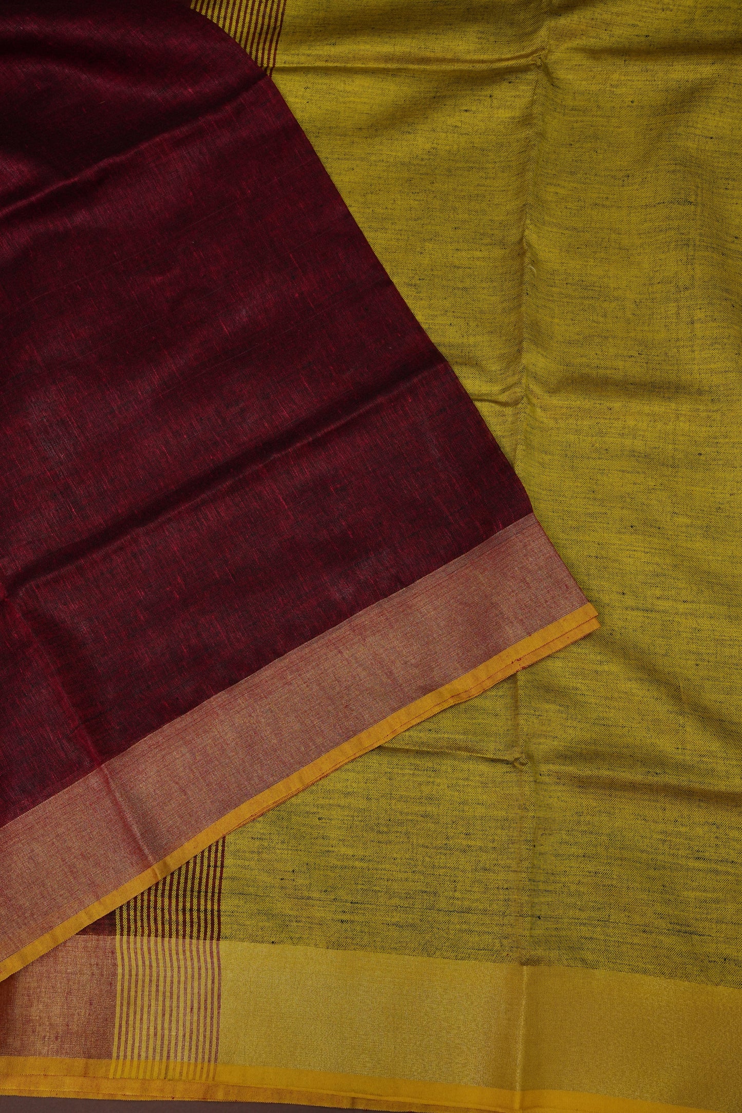 Pure Linen Saree with Tassles - Maroon & Mustard Yellow