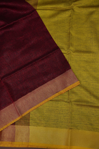 Pure Linen Saree with Tassles - Maroon & Mustard Yellow
