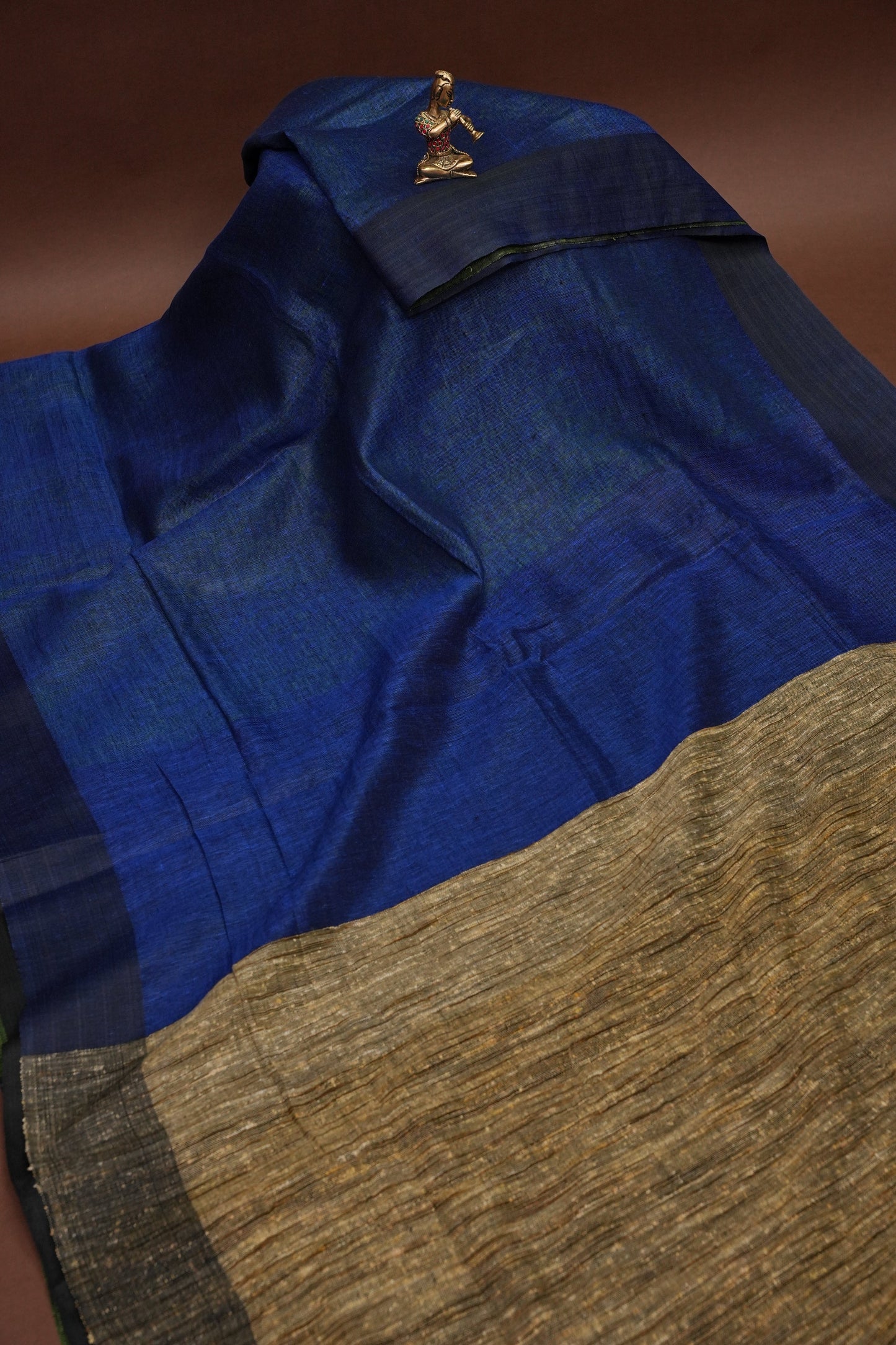 Half & Half Pure Linen Saree with Jute Pallu & Tassles - Blue with Forest Green