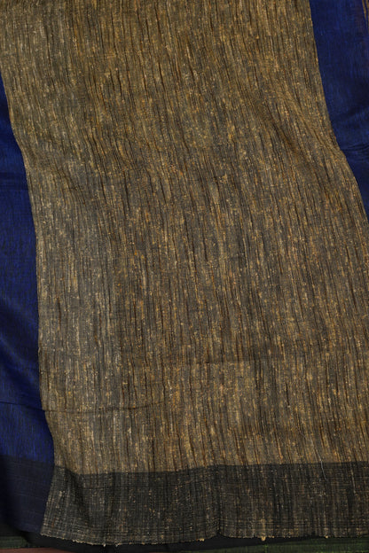 Half & Half Pure Linen Saree with Jute Pallu & Tassles - Blue with Forest Green