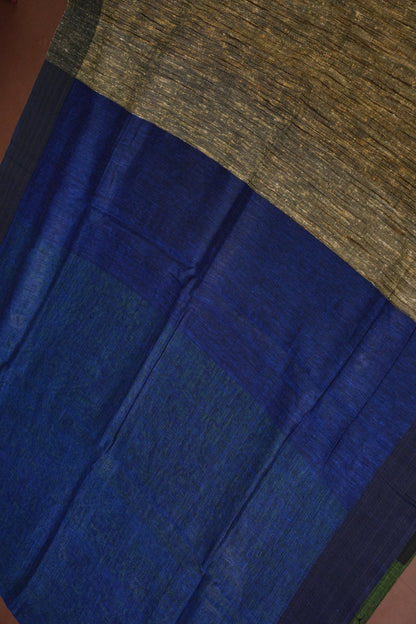 Half & Half Pure Linen Saree with Jute Pallu & Tassles - Blue with Forest Green
