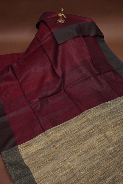 Half & Half Pure Linen Saree with Jute Pallu & Tassles - Maroon & Rust