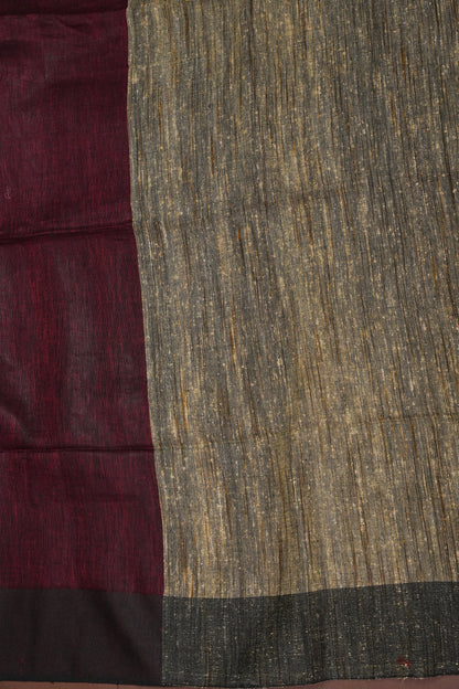Half & Half Pure Linen Saree with Jute Pallu & Tassles - Maroon & Rust