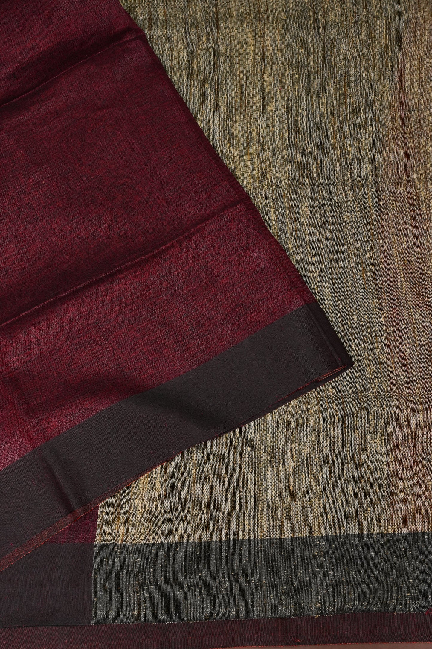 Half & Half Pure Linen Saree with Jute Pallu & Tassles - Maroon & Rust