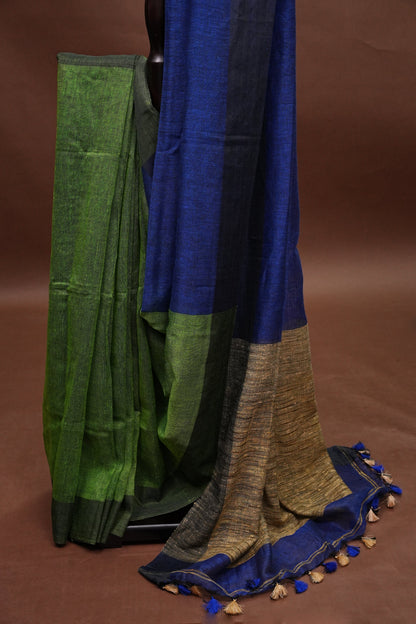 Half & Half Pure Linen Saree with Jute Pallu & Tassles - Blue with Forest Green
