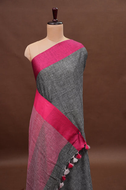 Pure Linen Saree with Tassles - Grey & Pink