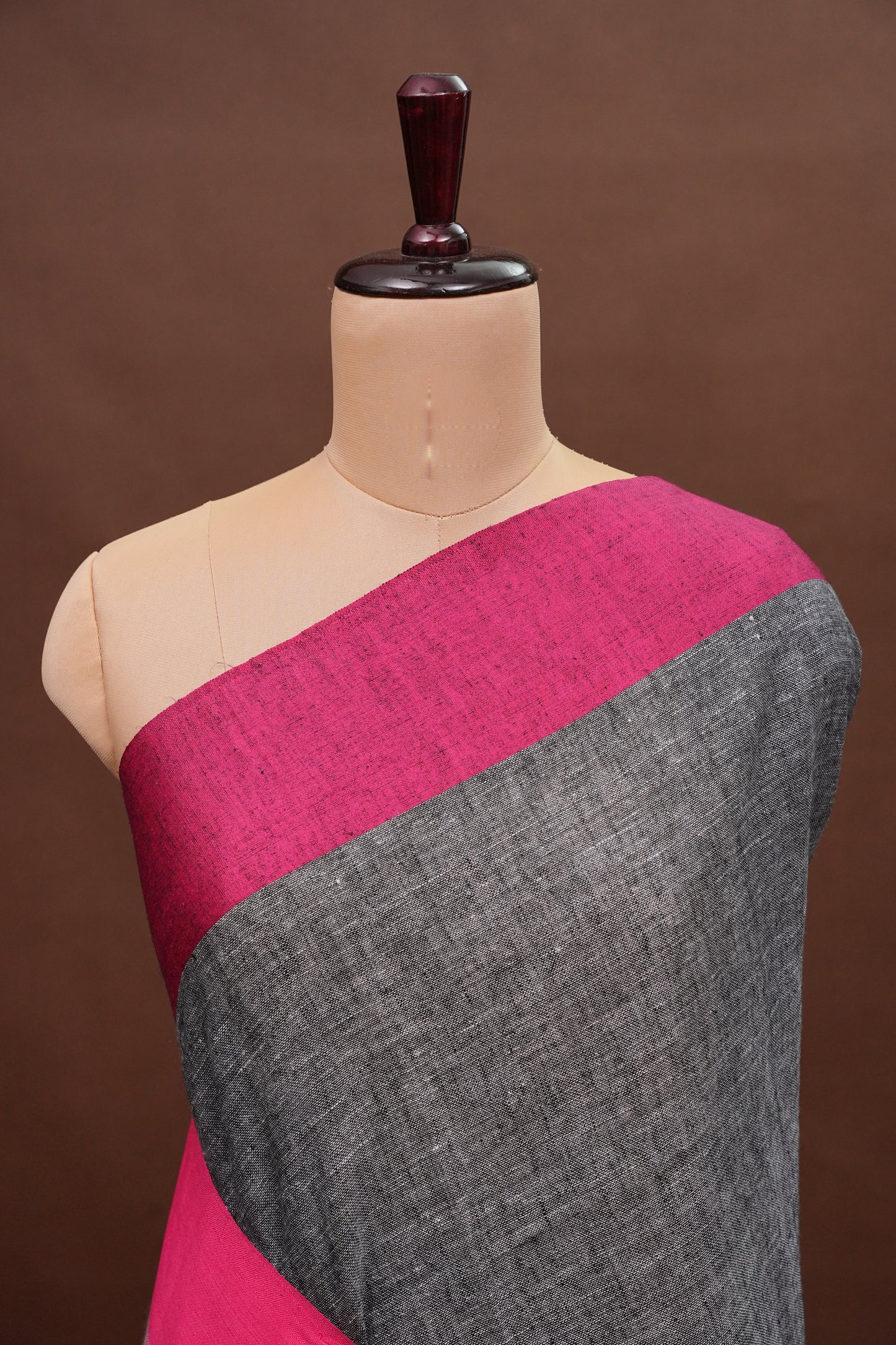 Pure Linen Saree with Tassles - Grey & Pink