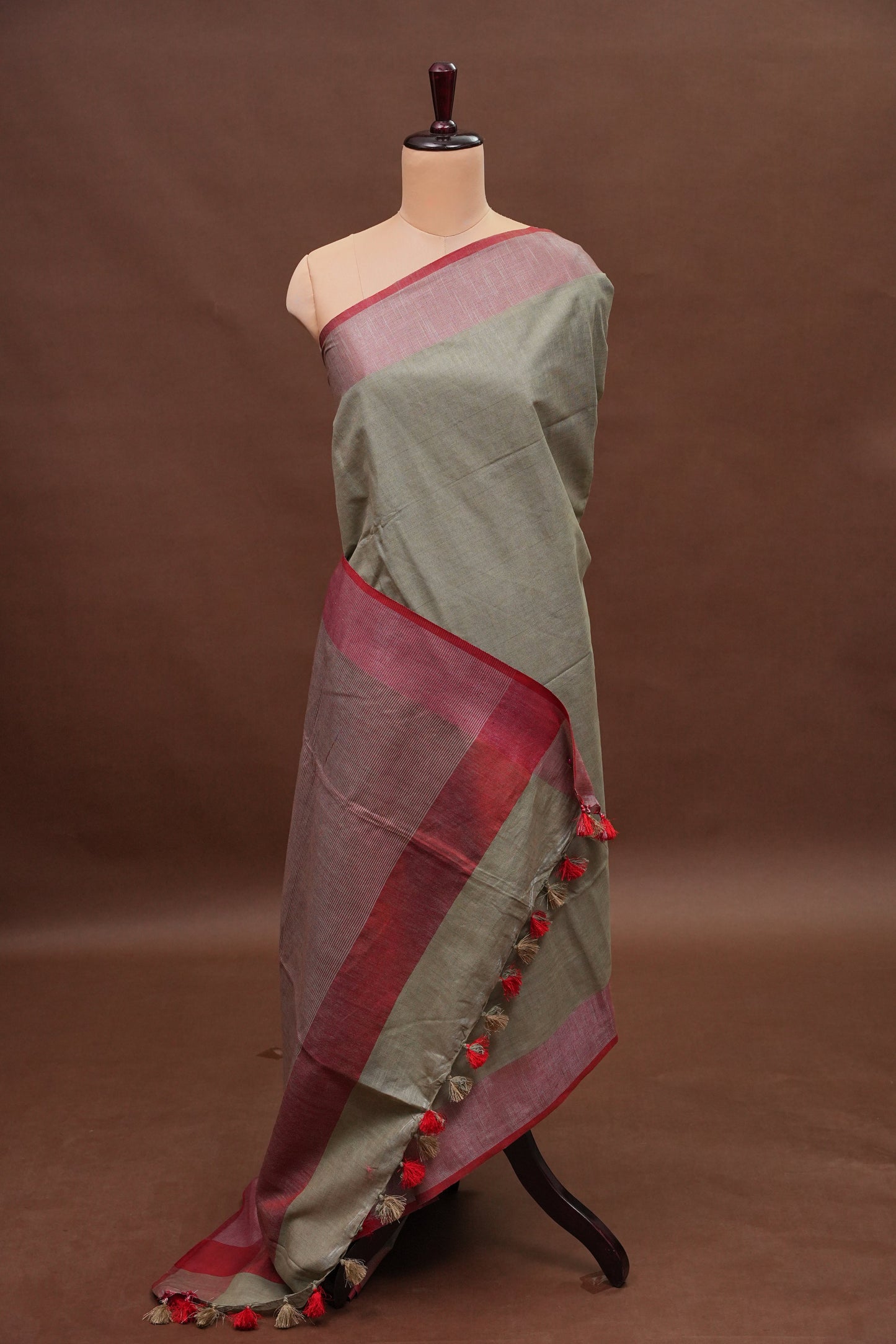 Pure Linen Saree with Tassles - Muted Olive Green & Olive