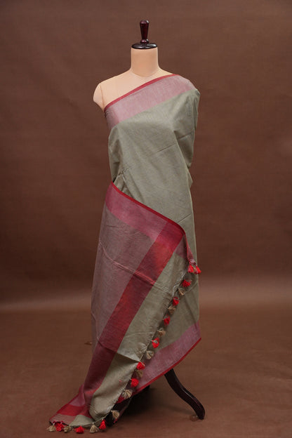 Pure Linen Saree with Tassles - Muted Olive Green & Olive