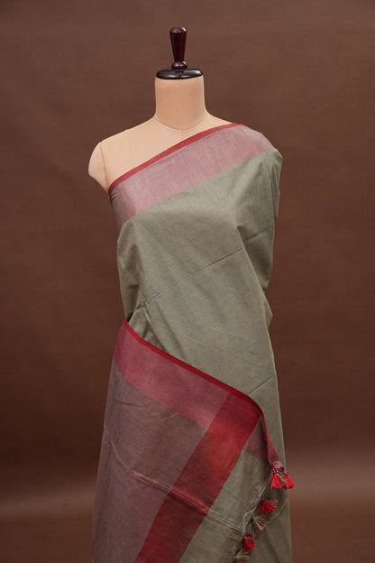 Pure Linen Saree with Tassles - Muted Olive Green & Olive