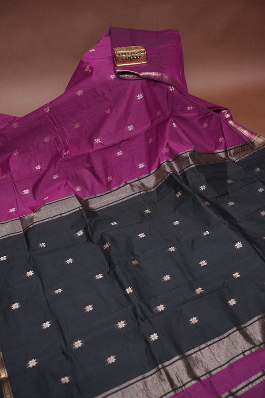 Maheshwari Silk Cotton Saree - Magenta & Black