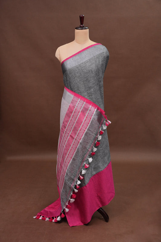 Pure Linen Saree with Tassles - Grey & Pink