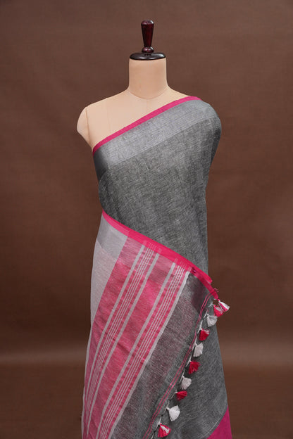 Pure Linen Saree with Tassles - Grey & Pink