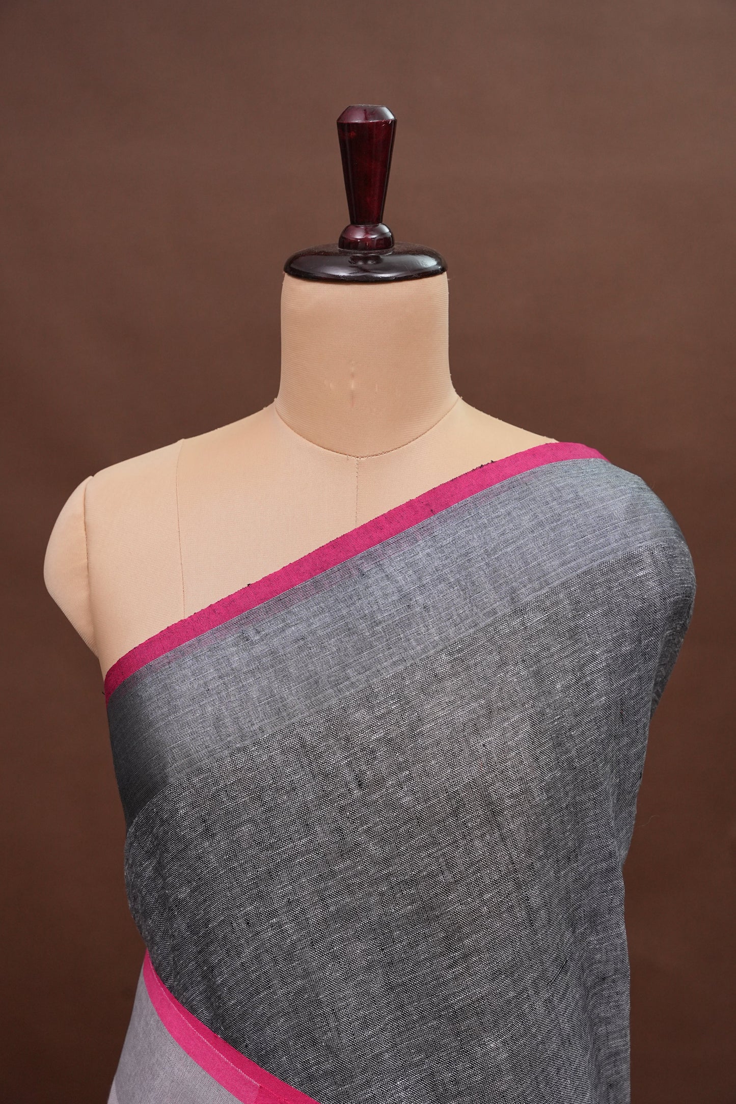 Pure Linen Saree with Tassles - Grey & Pink