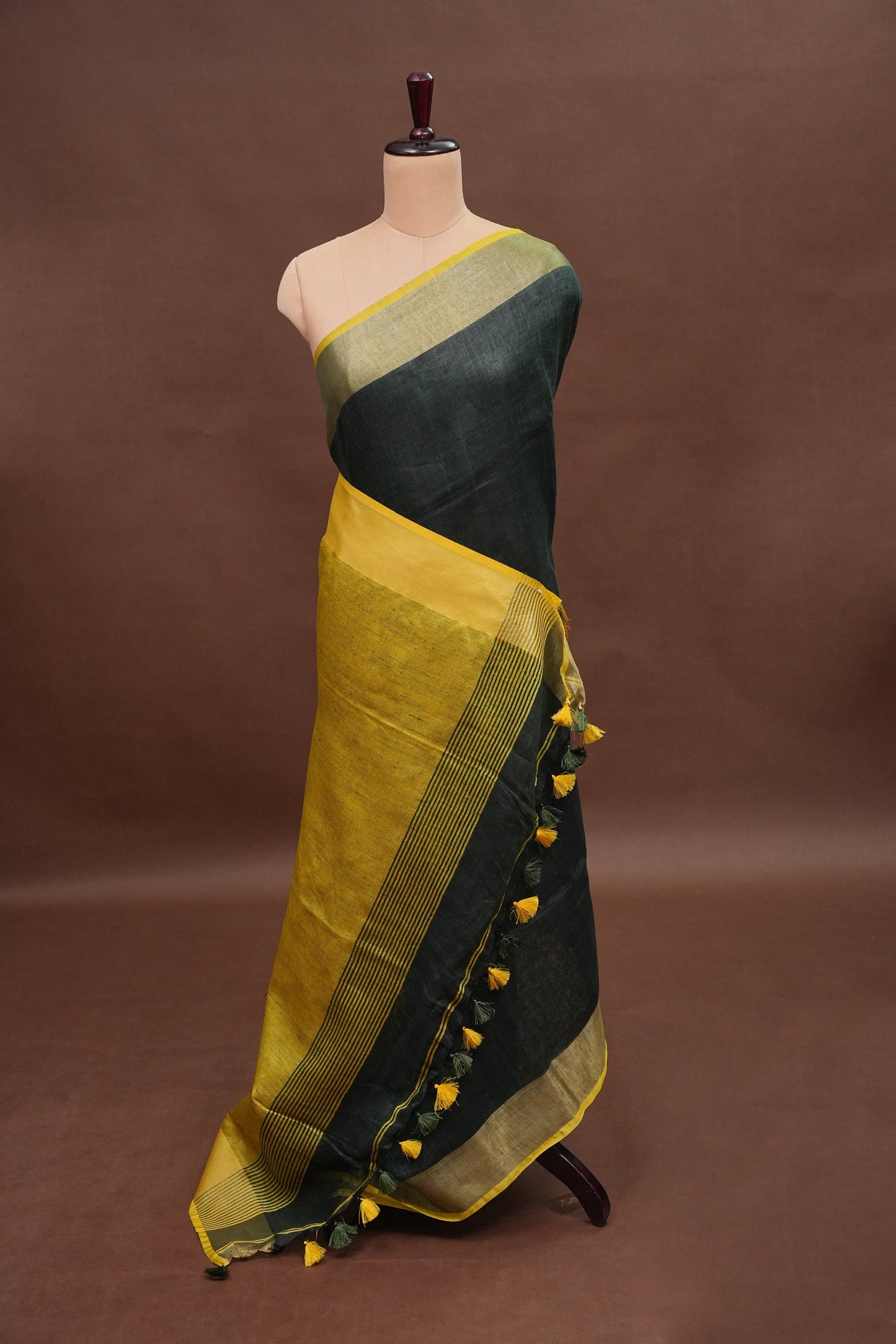 Half & Half Pure Linen Saree with Tassles - Bottle Green & Rich Mustard Yellow