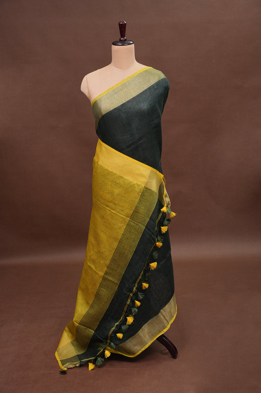 Half & Half Pure Linen Saree with Tassles - Bottle Green & Rich Mustard Yellow