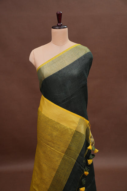 Half & Half Pure Linen Saree with Tassles - Bottle Green & Rich Mustard Yellow