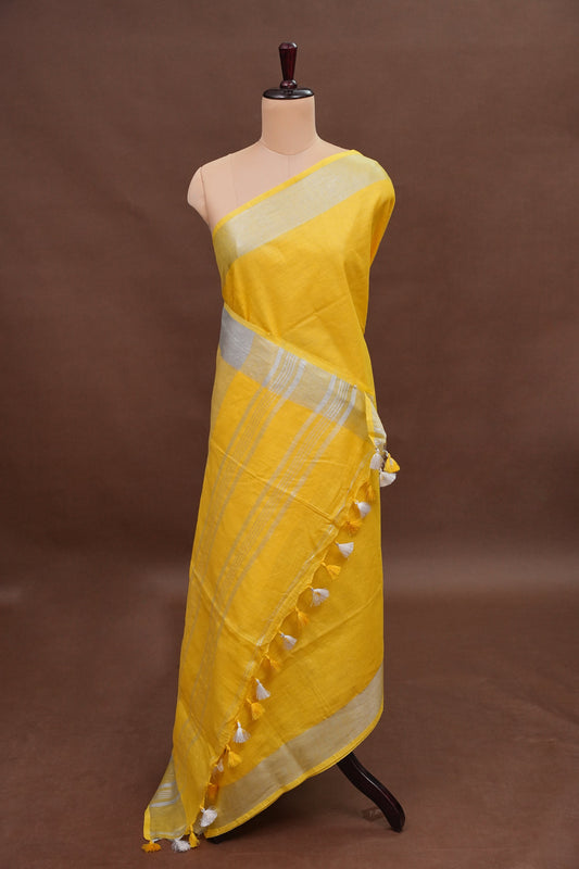 Pure Linen Saree with Tassles - Yellow