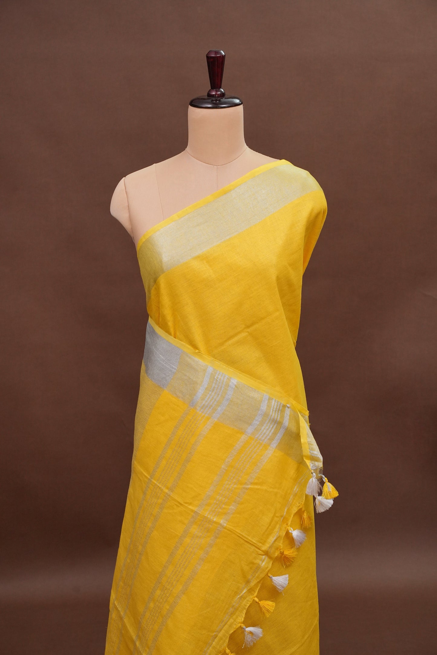 Pure Linen Saree with Tassles - Yellow