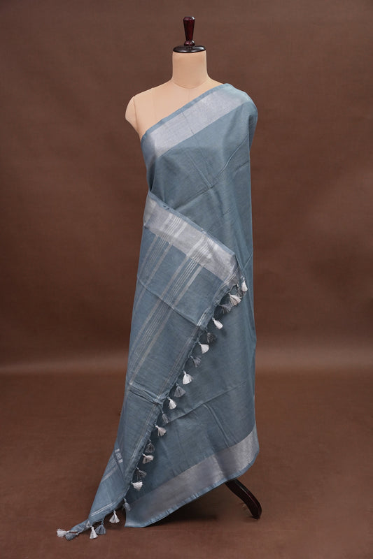 Pure Linen Saree with Tassles - Grey