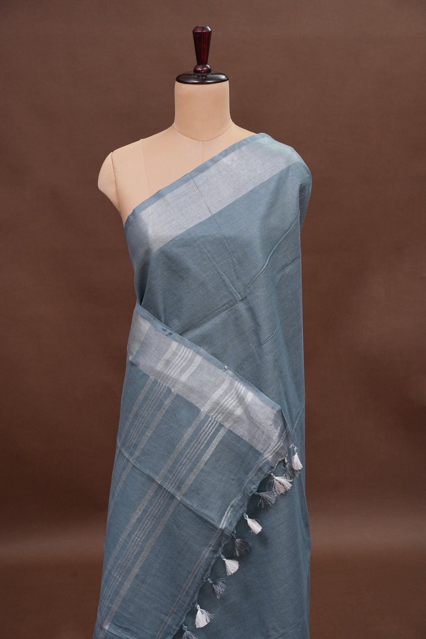 Pure Linen Saree with Tassles - Grey