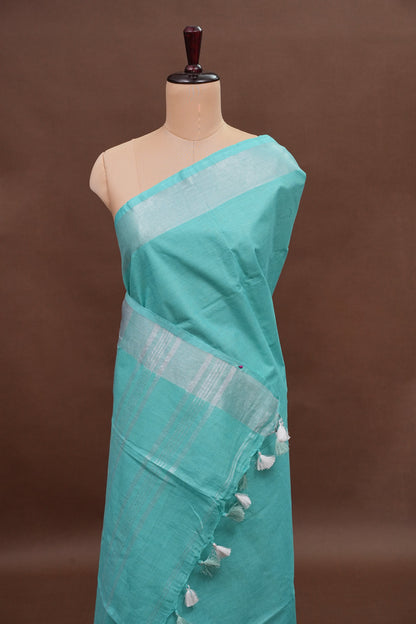Pure Linen Saree with Tassles - Turquoise
