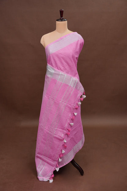 Pure Linen Saree with Tassles - Baby Pink