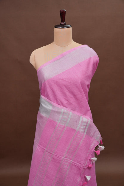 Pure Linen Saree with Tassles - Baby Pink