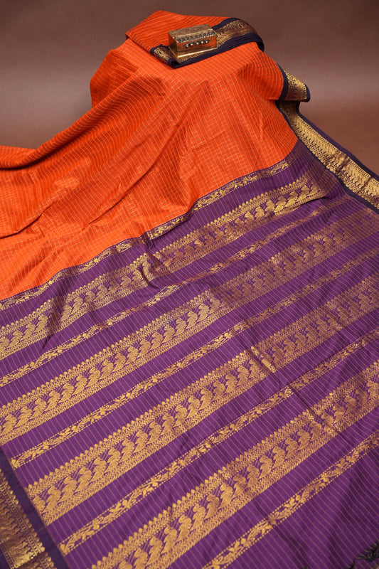 Checkered Kalyani Cotton Silk Saree - Orange