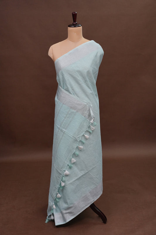 Pure Linen Saree with Tassles - Ice Blue