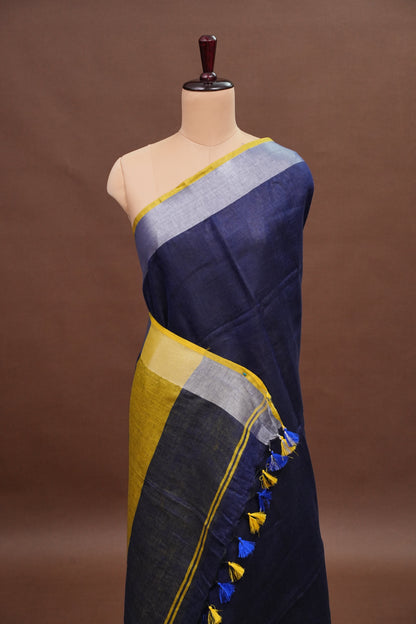 Pure Linen Saree with Tassles - Navy Blue & Mustard Yellow
