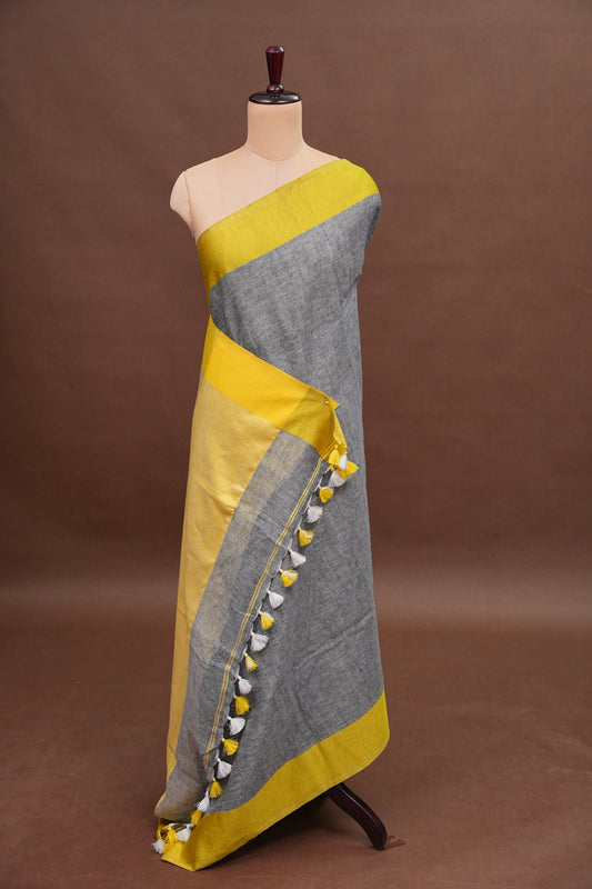 Pure Linen Saree with Tassles - Grey & Yellow