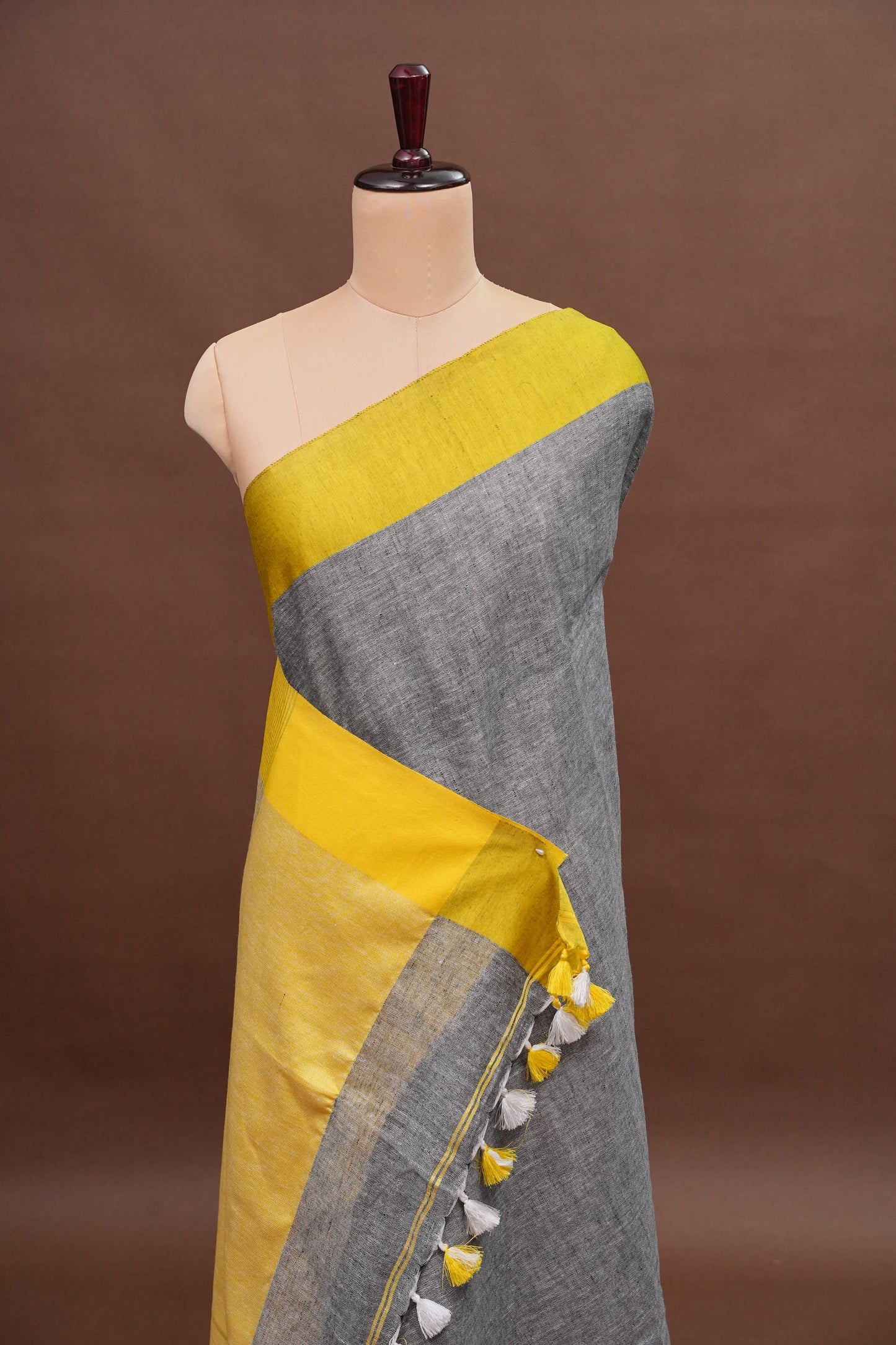 Pure Linen Saree with Tassles - Grey & Yellow