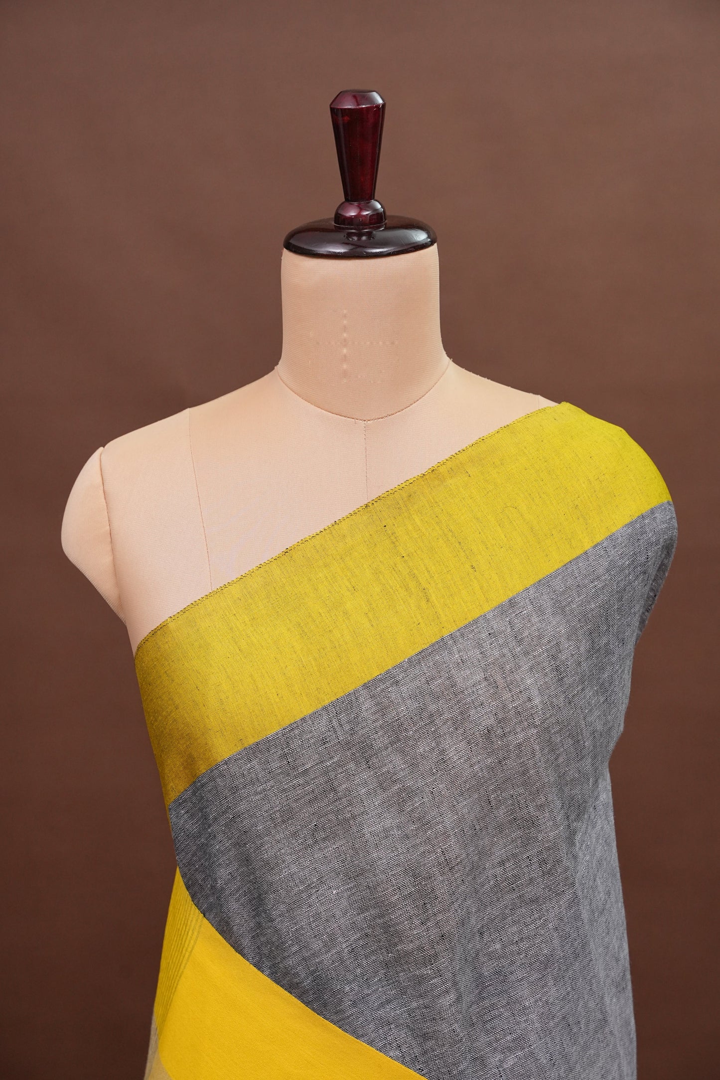Pure Linen Saree with Tassles - Grey & Yellow