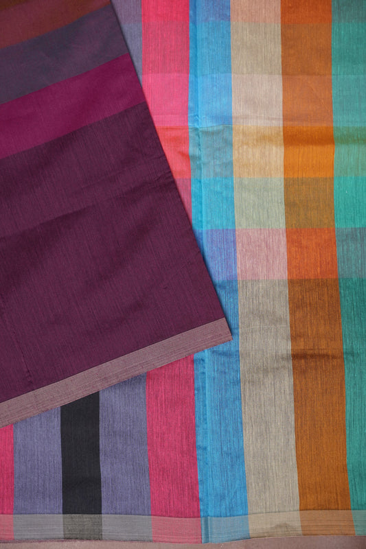 Checkered Cotton Saree - Wine