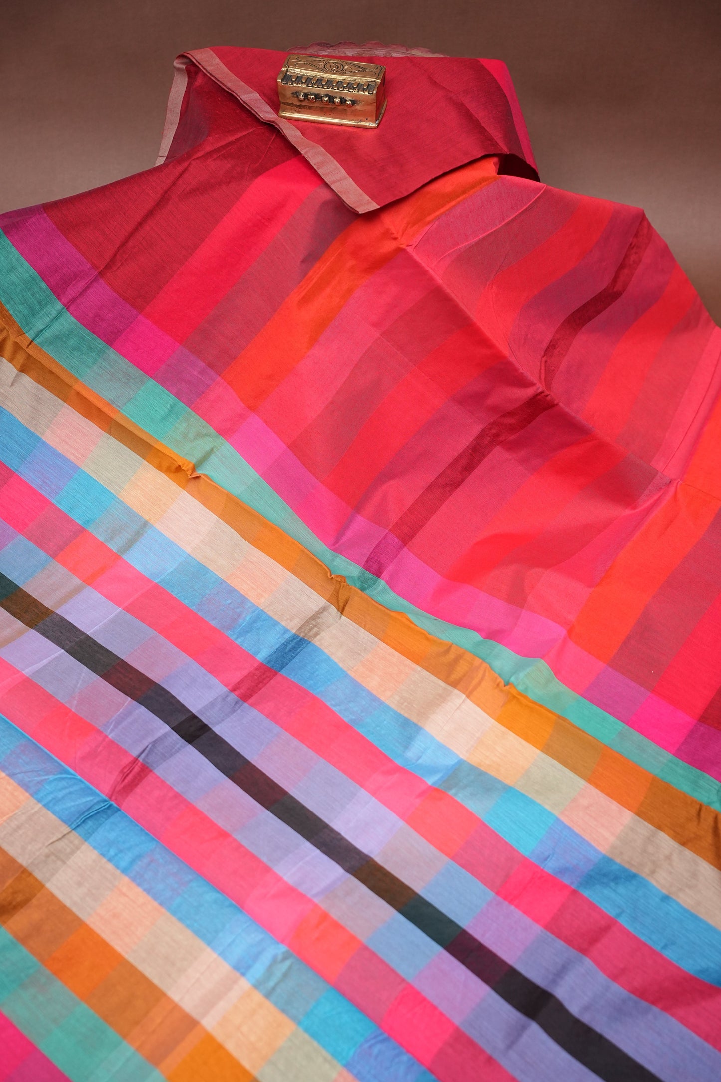 Checkered Cotton Saree - Red