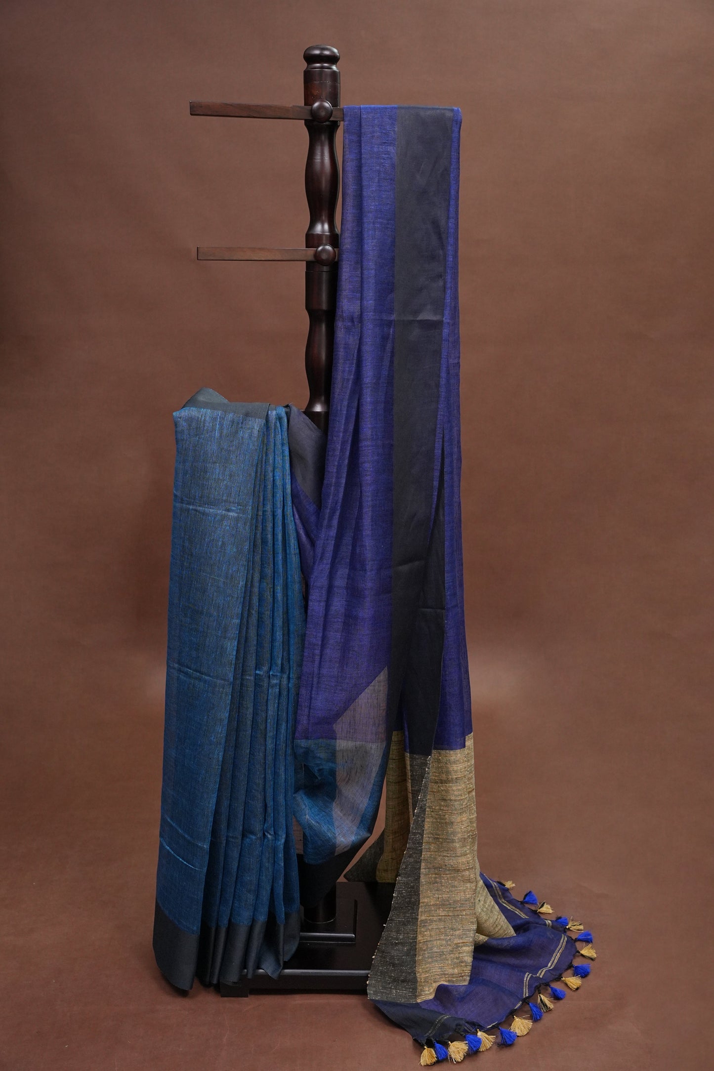 Half & Half Pure Linen Saree with Jute Pallu & Tassles - Teal Blue & Deeper Blue