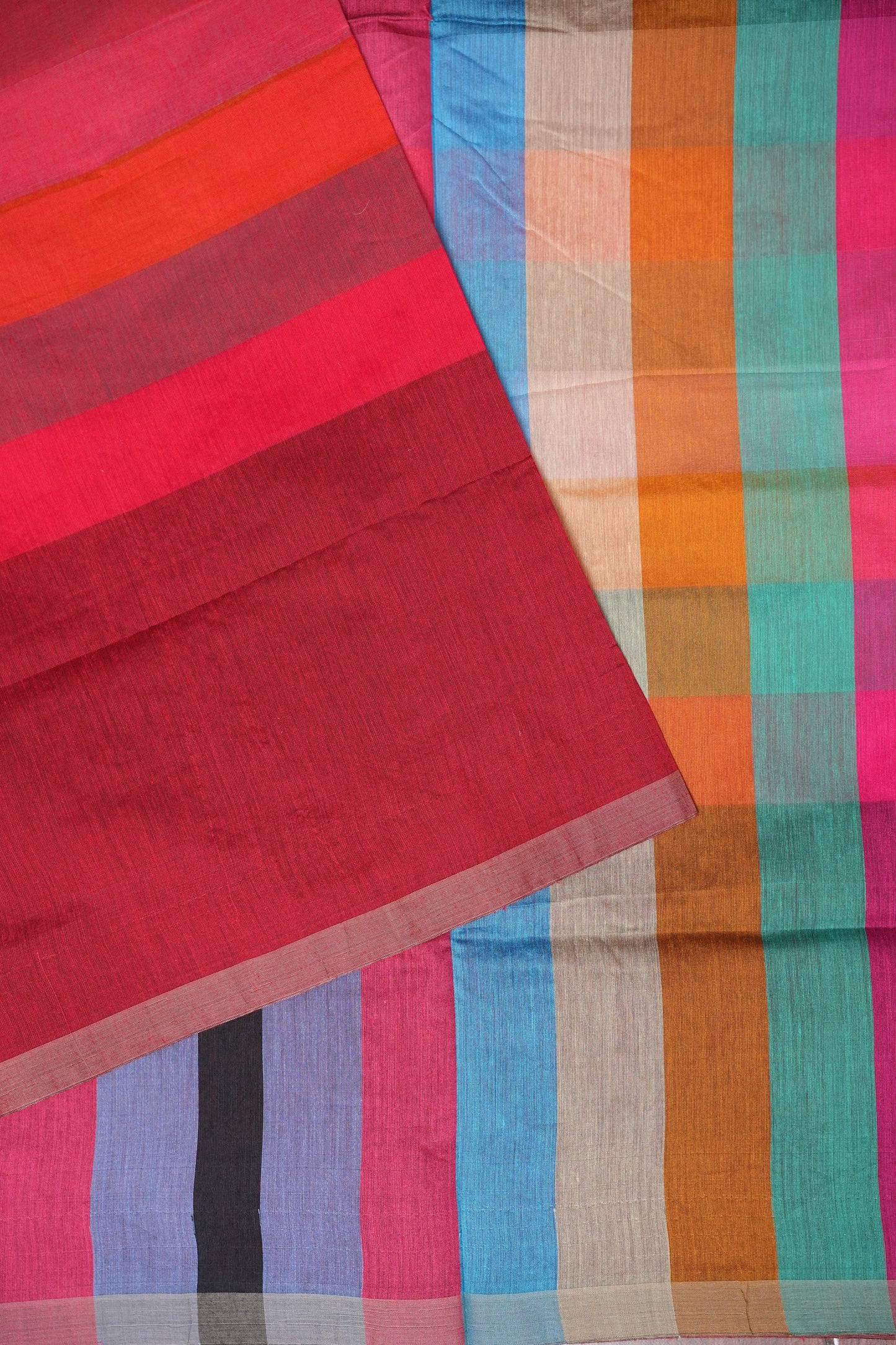 Checkered Cotton Saree - Red