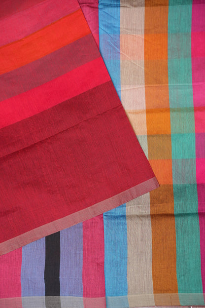 Checkered Cotton Saree - Red