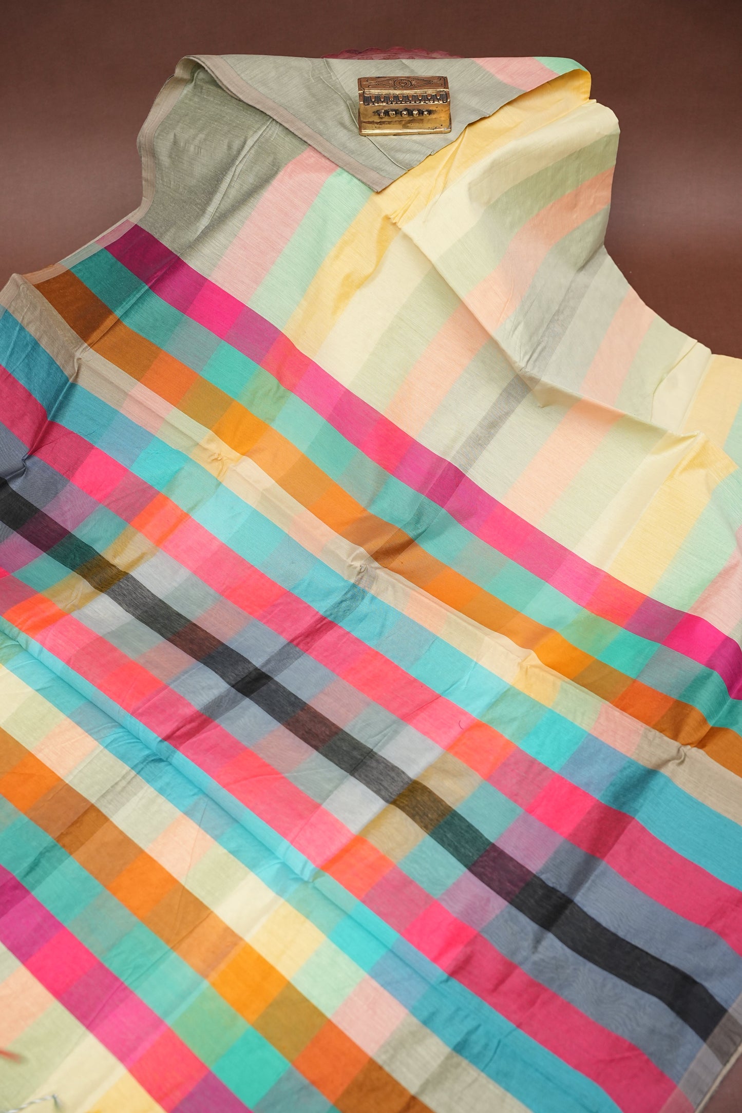 Checkered Cotton Saree - Beige