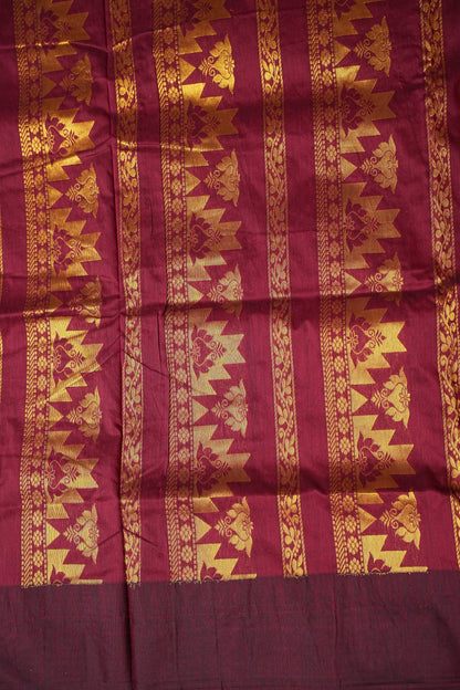 Temple Border Silk Cotton Saree - Mustard and Maroon