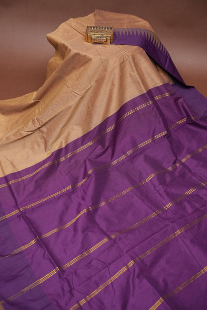 Temple Border Silk Cotton Saree - Peach and Purple