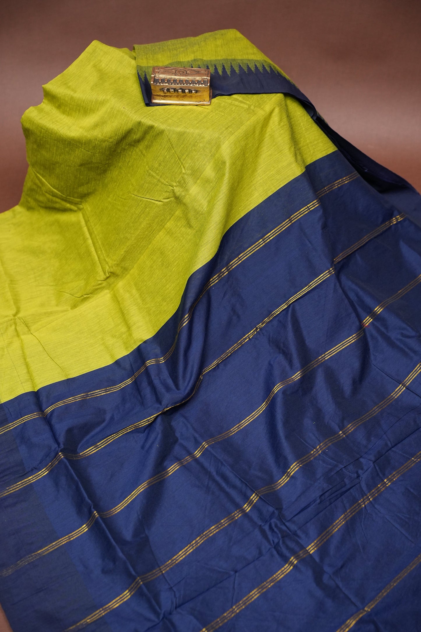 Temple Border Silk Cotton Saree - Green and Blue
