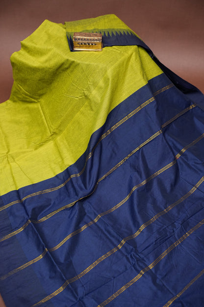 Temple Border Silk Cotton Saree - Green and Blue