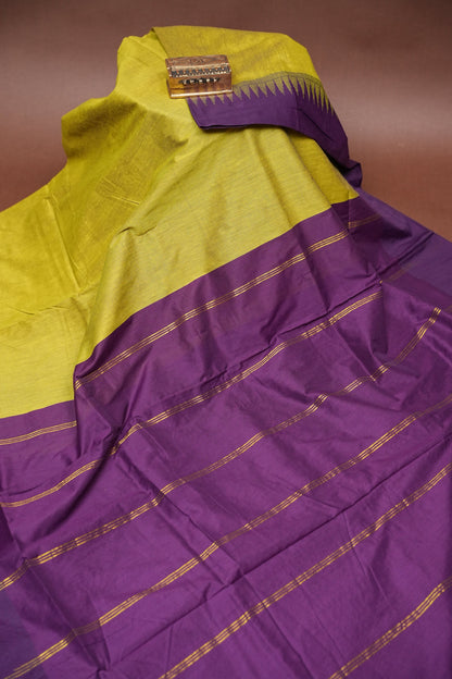 Temple Border Silk Cotton Saree - Green and Purple