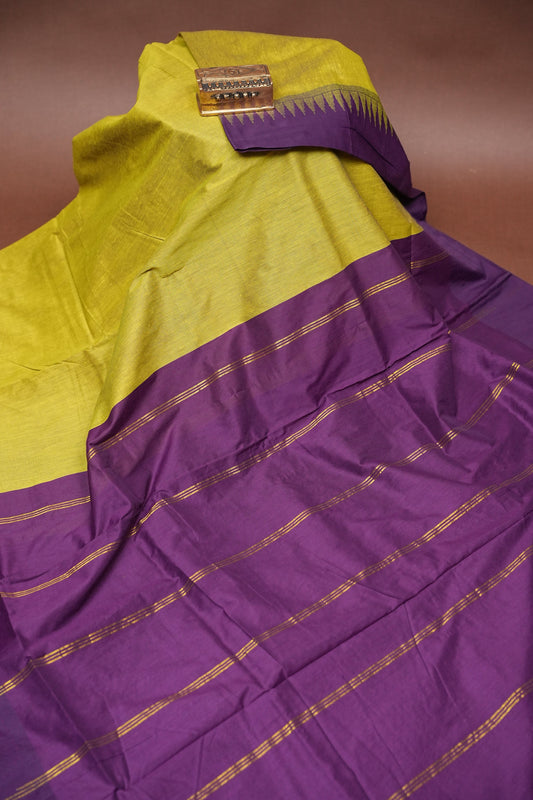Temple Border Silk Cotton Saree - Green and Purple