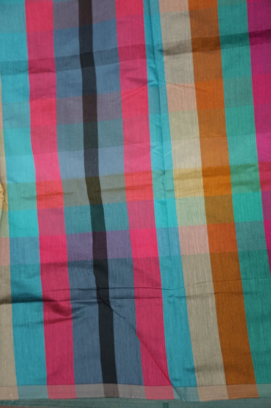 Checkered Cotton Saree - Turquoise Blue